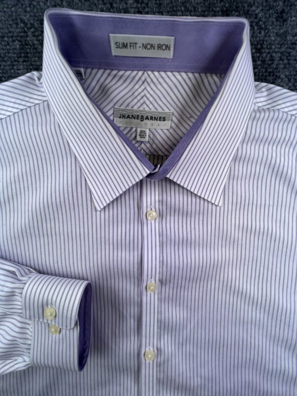 Jhane Barnes Button Up Shirt Mens 18.5 34/35 Slim Fit Purple White Striped Adult